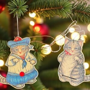 Kitty Cucumber hanging cats, vintage 1988,set of 8,die cut paperboard, gold trim